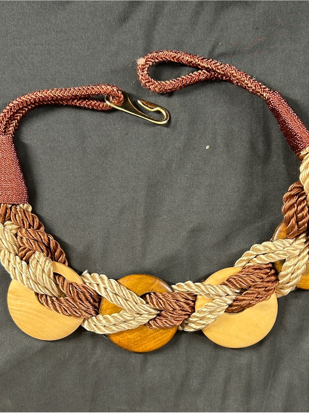 Vintage Wood Disc Statement Belt Braided Cord Boho Made in Taiwan